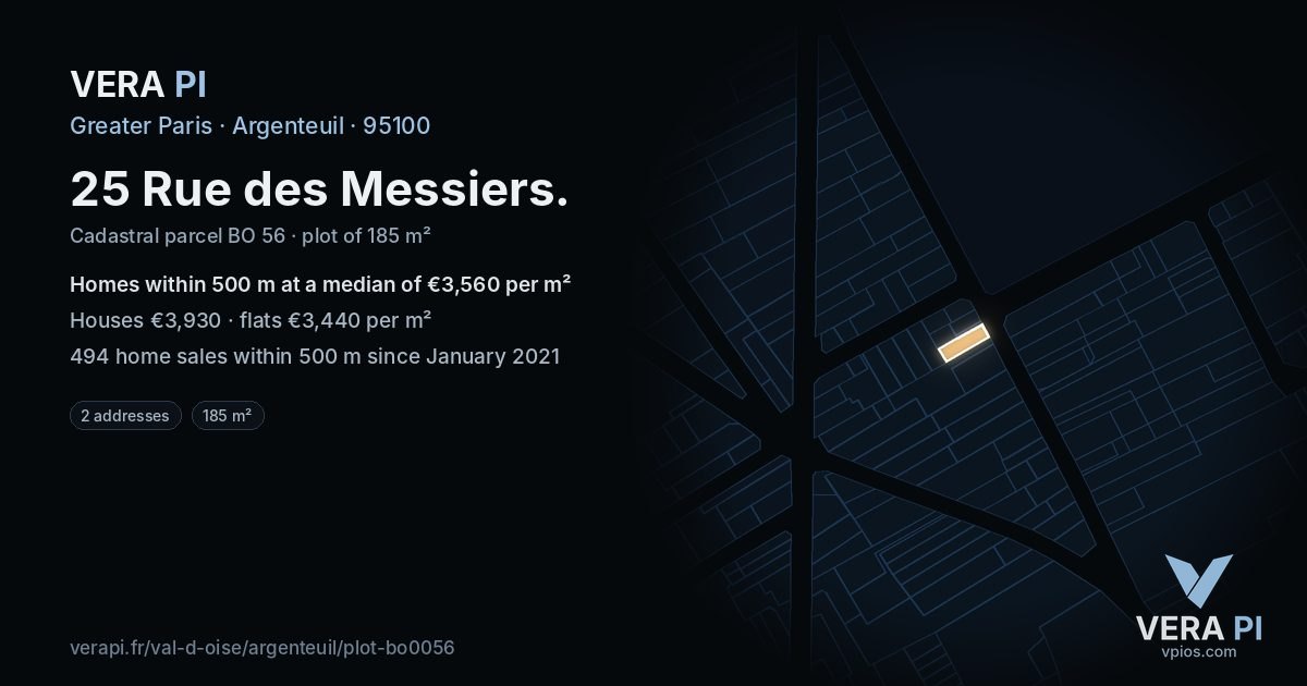 25 Rue des Messiers, Argenteuil at night – the plot lit, the parcels around coloured by the prices near them