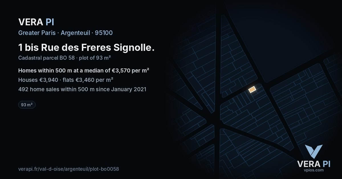 1 bis Rue des Freres Signolle, Argenteuil at night – the plot lit, the parcels around coloured by the prices near them