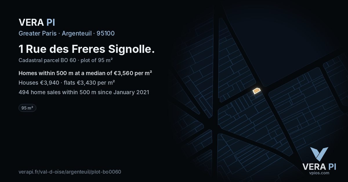 1 Rue des Freres Signolle, Argenteuil at night – the plot lit, the parcels around coloured by the prices near them