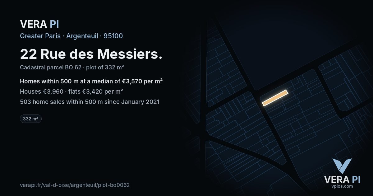 22 Rue des Messiers, Argenteuil at night – the plot lit, the parcels around coloured by the prices near them