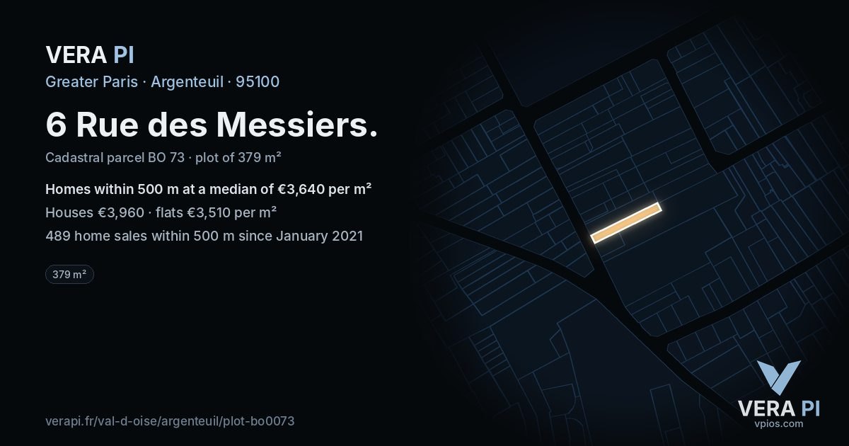 6 Rue des Messiers, Argenteuil at night – the plot lit, the parcels around coloured by the prices near them