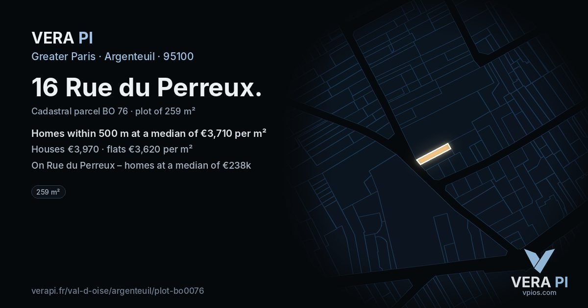 16 Rue du Perreux, Argenteuil at night – the plot lit, the parcels around coloured by the prices near them