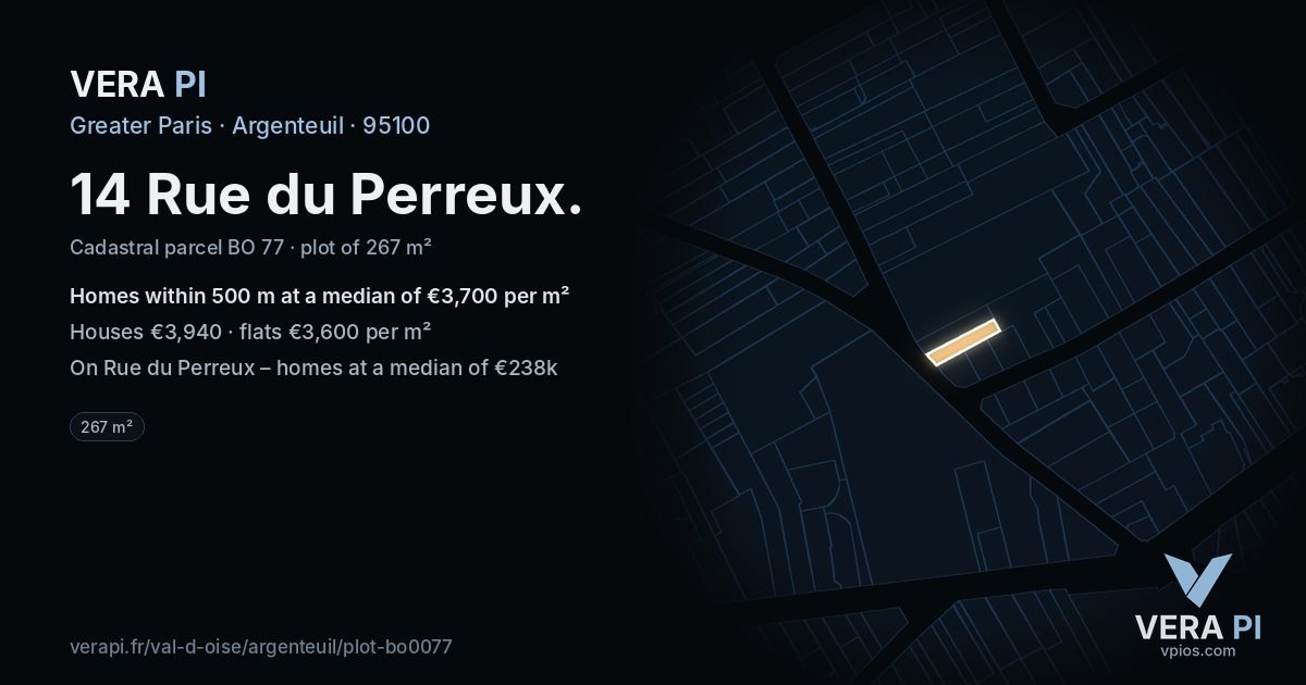 14 Rue du Perreux, Argenteuil at night – the plot lit, the parcels around coloured by the prices near them