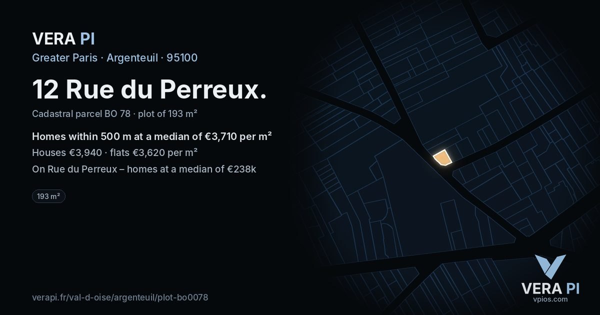 12 Rue du Perreux, Argenteuil at night – the plot lit, the parcels around coloured by the prices near them