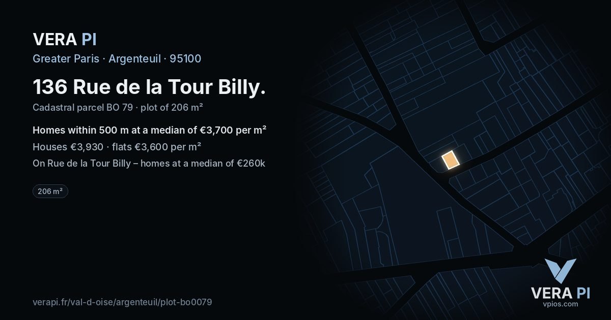 136 Rue de la Tour Billy, Argenteuil at night – the plot lit, the parcels around coloured by the prices near them