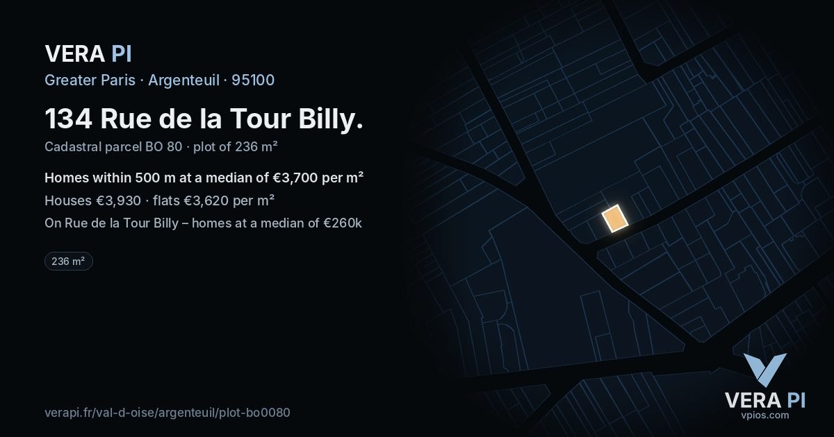 134 Rue de la Tour Billy, Argenteuil at night – the plot lit, the parcels around coloured by the prices near them