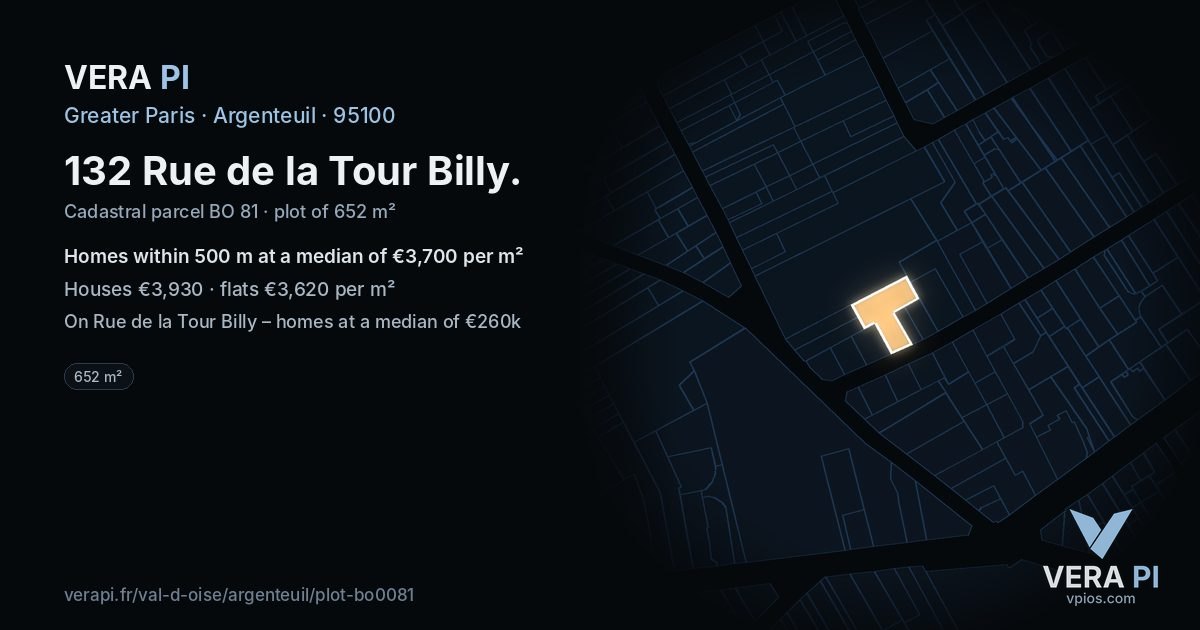 132 Rue de la Tour Billy, Argenteuil at night – the plot lit, the parcels around coloured by the prices near them