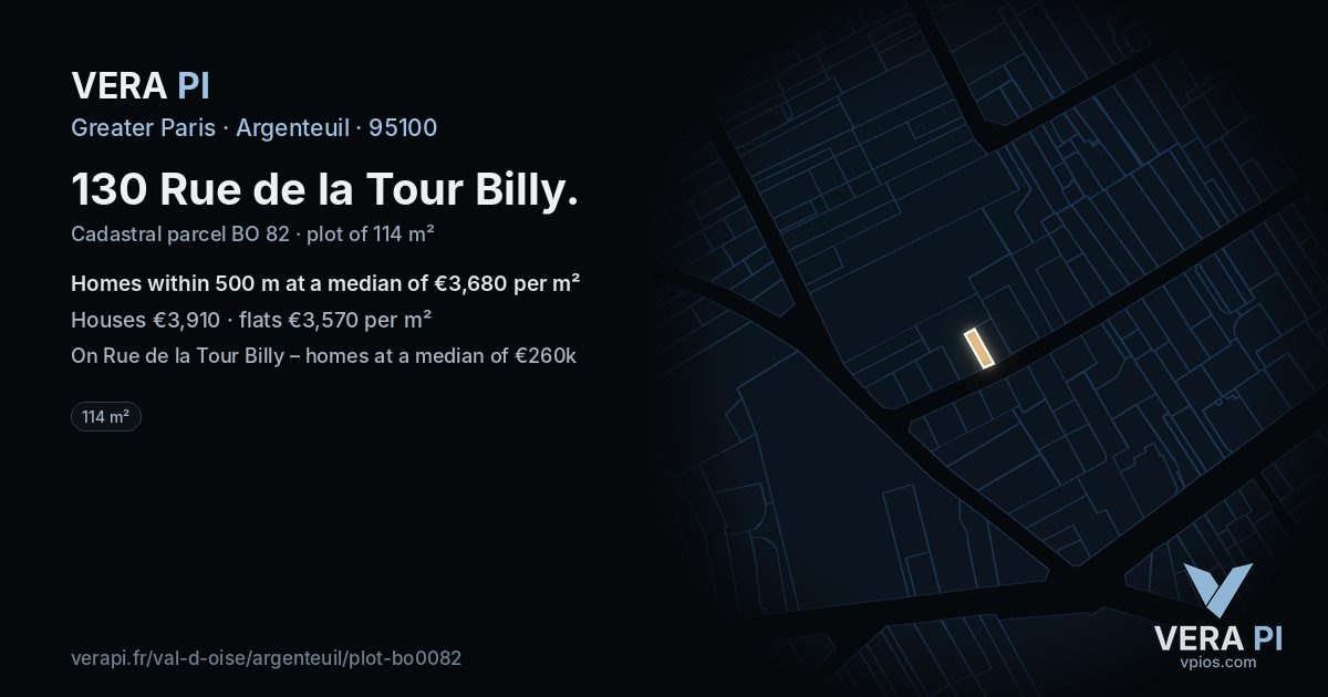 130 Rue de la Tour Billy, Argenteuil at night – the plot lit, the parcels around coloured by the prices near them