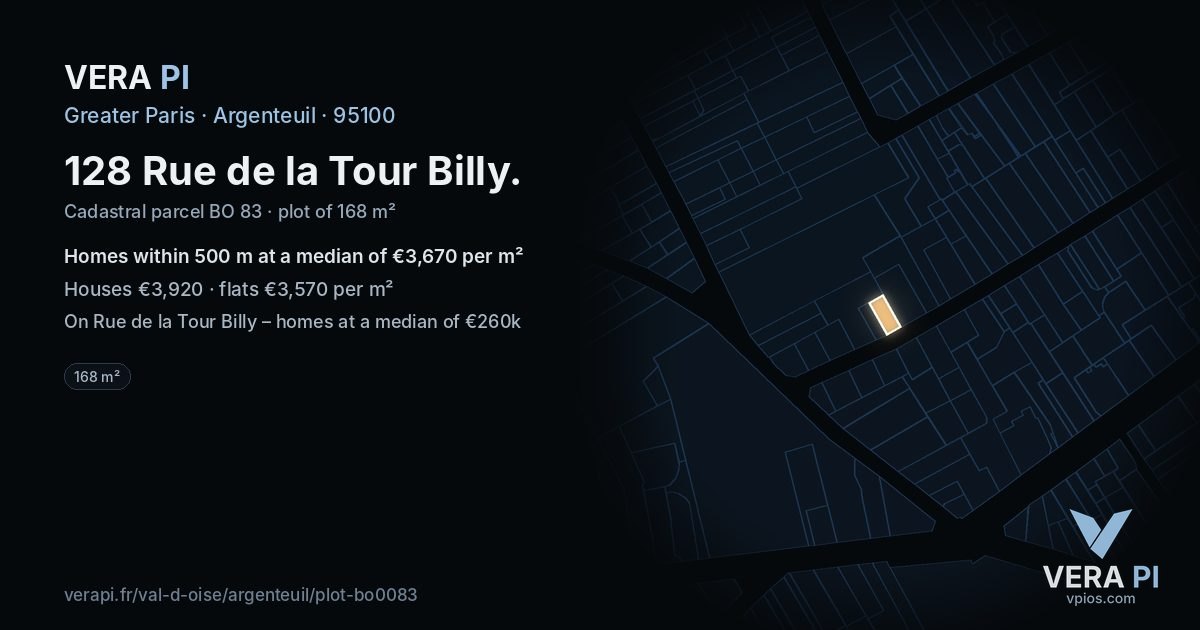 128 Rue de la Tour Billy, Argenteuil at night – the plot lit, the parcels around coloured by the prices near them