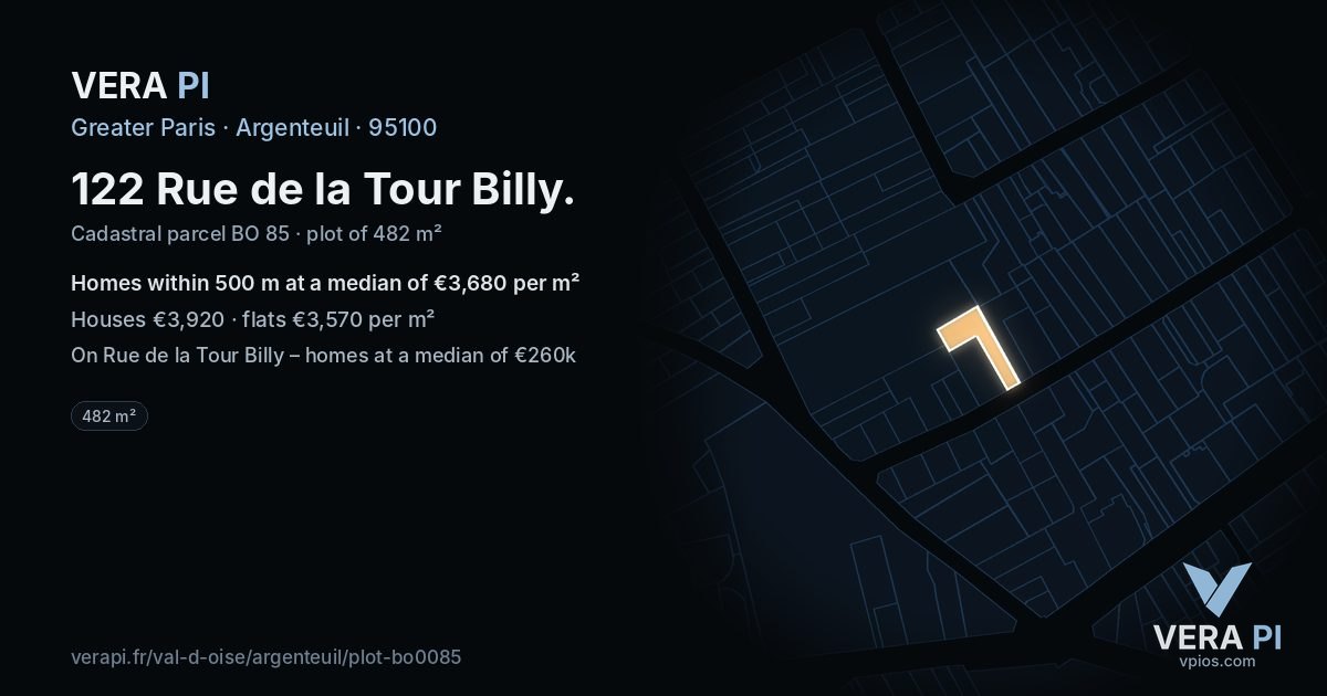 122 Rue de la Tour Billy, Argenteuil at night – the plot lit, the parcels around coloured by the prices near them