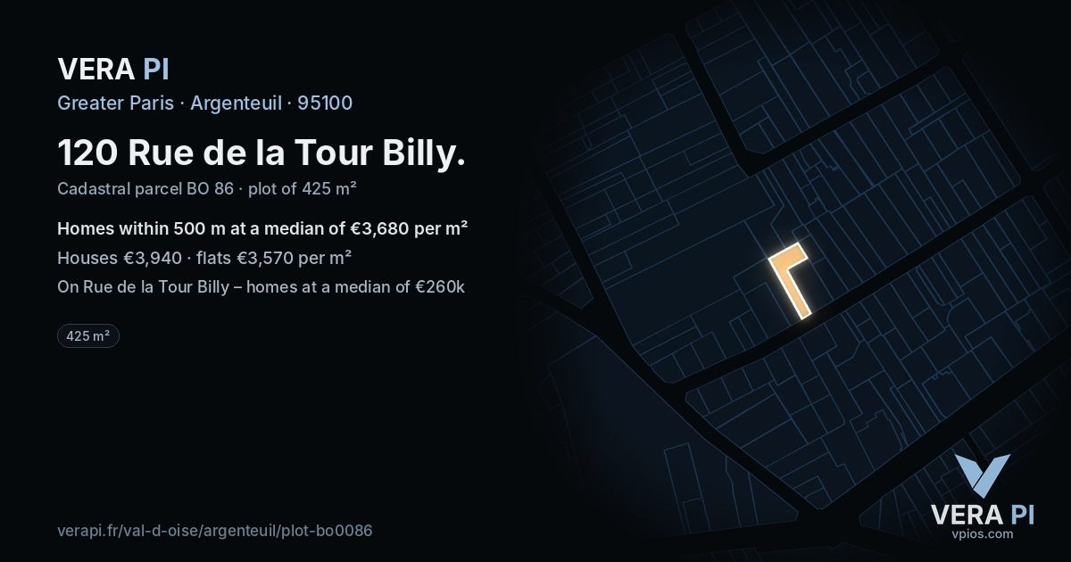120 Rue de la Tour Billy, Argenteuil at night – the plot lit, the parcels around coloured by the prices near them