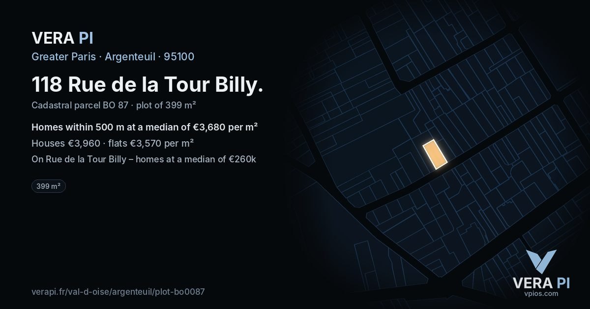 118 Rue de la Tour Billy, Argenteuil at night – the plot lit, the parcels around coloured by the prices near them