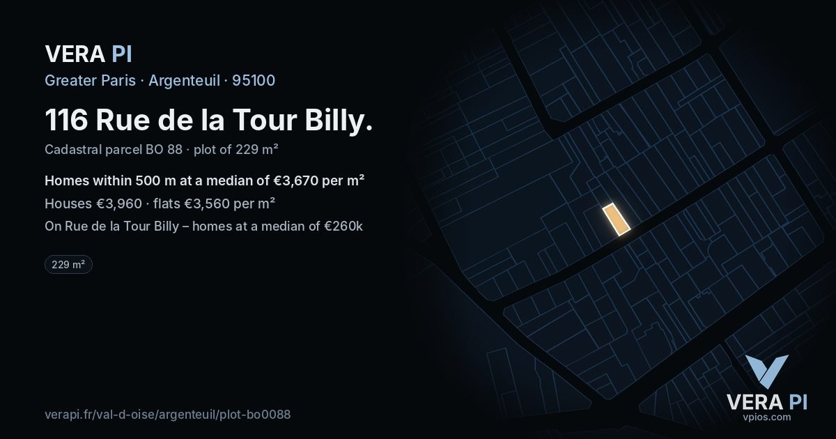 116 Rue de la Tour Billy, Argenteuil at night – the plot lit, the parcels around coloured by the prices near them