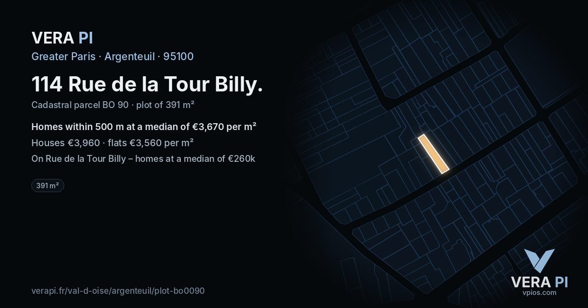 114 Rue de la Tour Billy, Argenteuil at night – the plot lit, the parcels around coloured by the prices near them