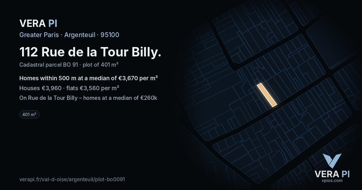 112 Rue de la Tour Billy, Argenteuil at night – the plot lit, the parcels around coloured by the prices near them