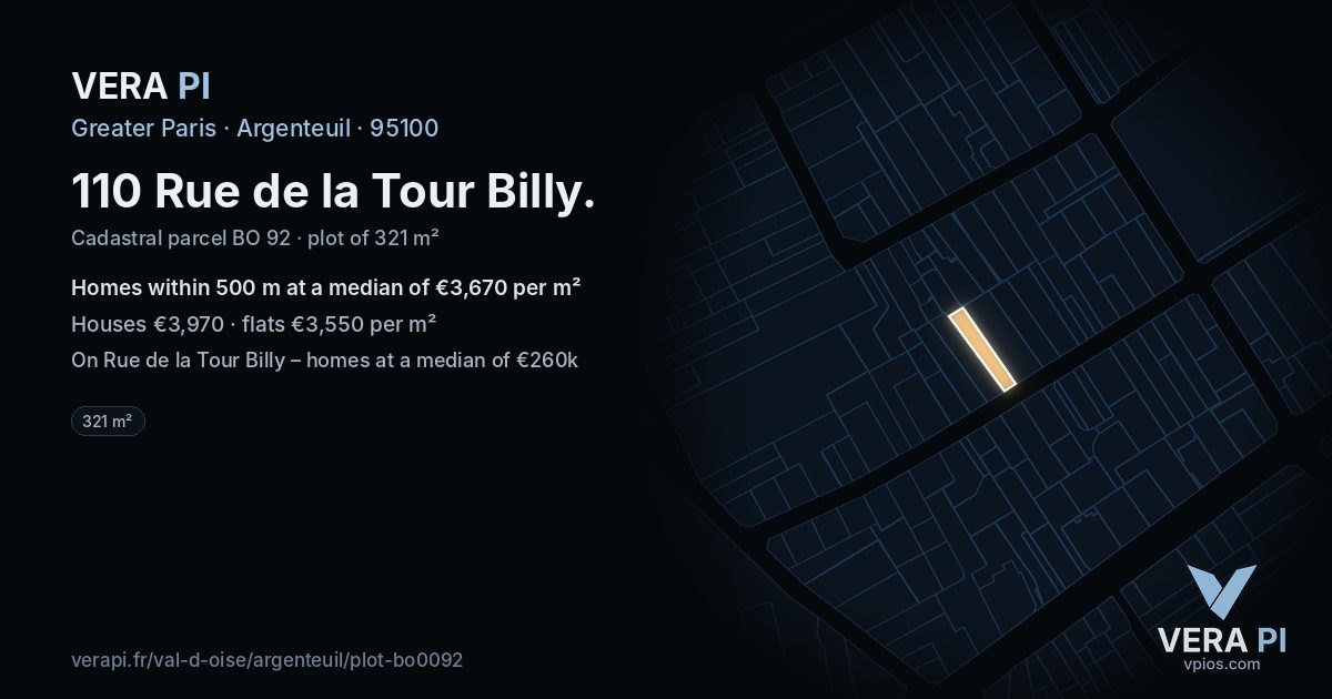 110 Rue de la Tour Billy, Argenteuil at night – the plot lit, the parcels around coloured by the prices near them