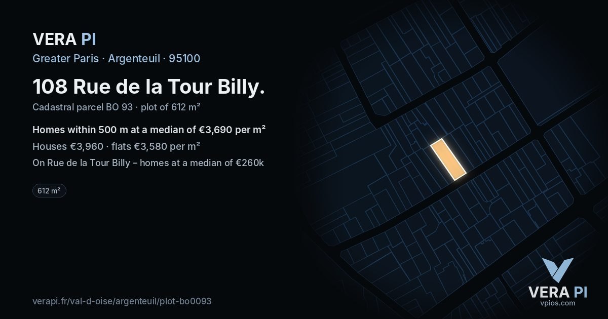 108 Rue de la Tour Billy, Argenteuil at night – the plot lit, the parcels around coloured by the prices near them