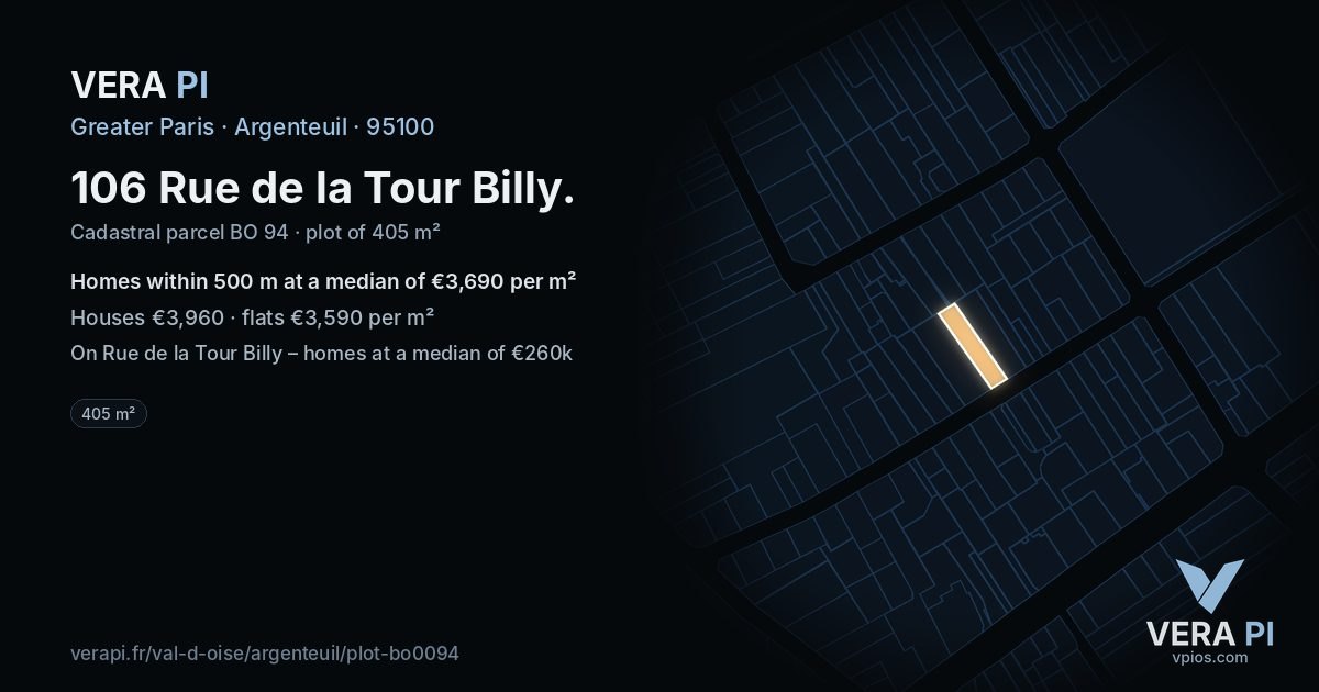 106 Rue de la Tour Billy, Argenteuil at night – the plot lit, the parcels around coloured by the prices near them