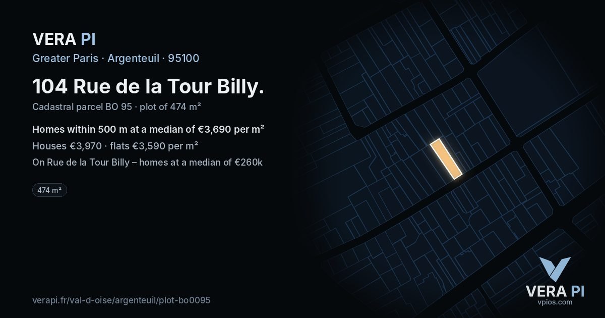 104 Rue de la Tour Billy, Argenteuil at night – the plot lit, the parcels around coloured by the prices near them