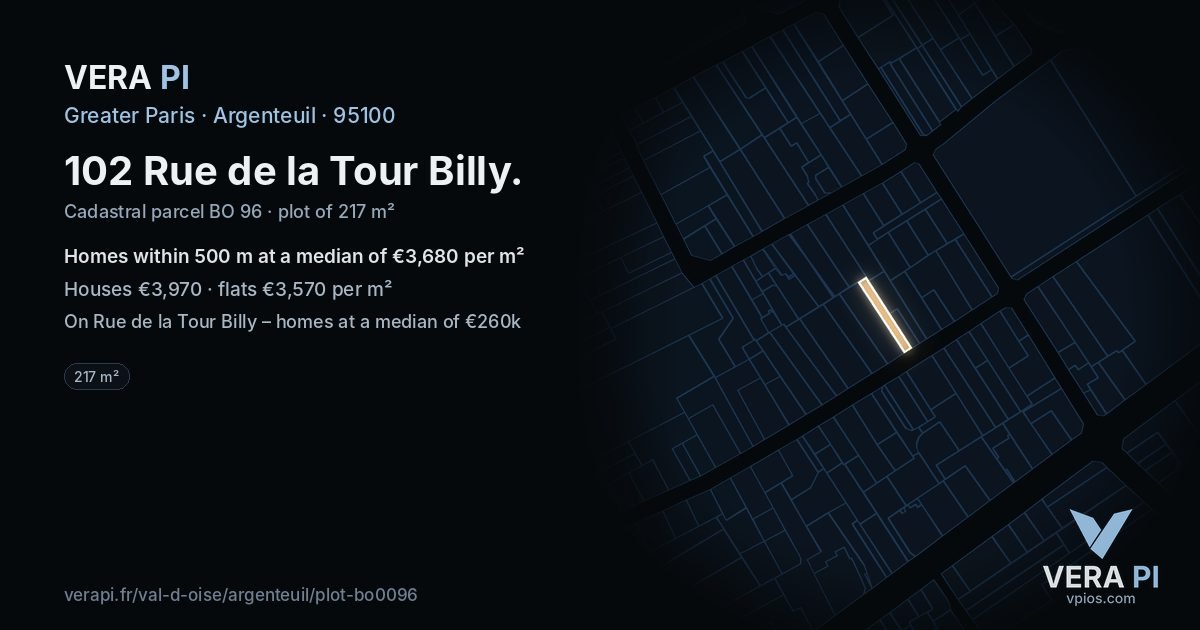 102 Rue de la Tour Billy, Argenteuil at night – the plot lit, the parcels around coloured by the prices near them