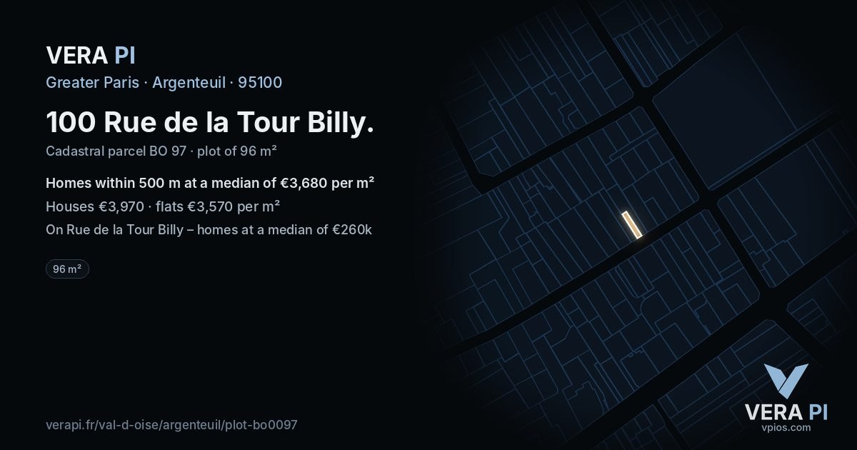 100 Rue de la Tour Billy, Argenteuil at night – the plot lit, the parcels around coloured by the prices near them