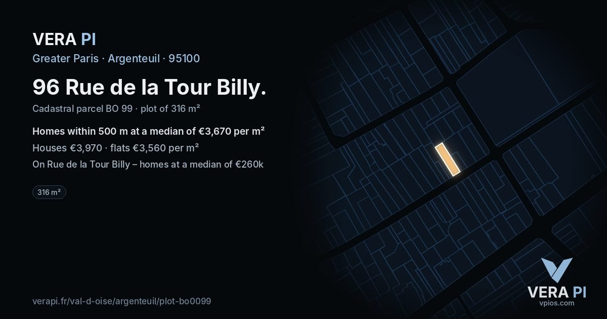 96 Rue de la Tour Billy, Argenteuil at night – the plot lit, the parcels around coloured by the prices near them