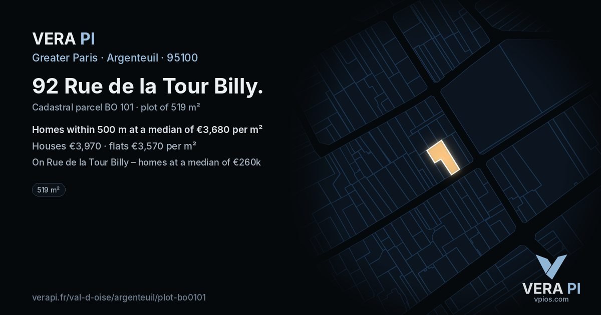 92 Rue de la Tour Billy, Argenteuil at night – the plot lit, the parcels around coloured by the prices near them