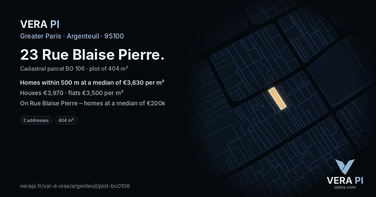 23 Rue Blaise Pierre, Argenteuil at night – the plot lit, the parcels around coloured by the prices near them