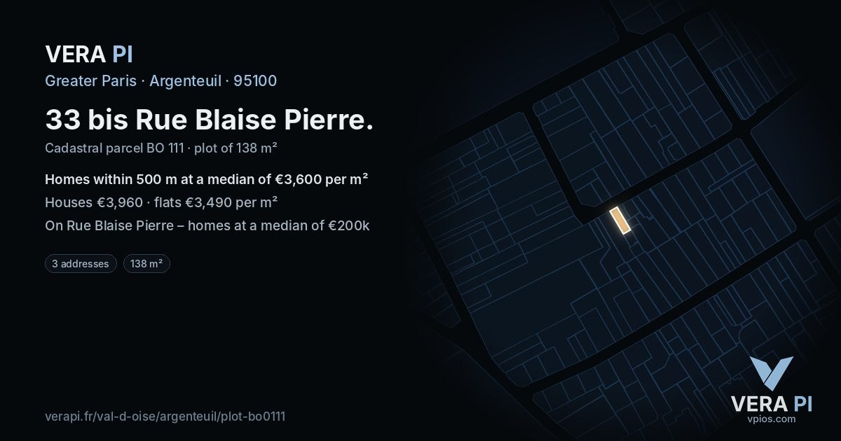 33 bis Rue Blaise Pierre, Argenteuil at night – the plot lit, the parcels around coloured by the prices near them