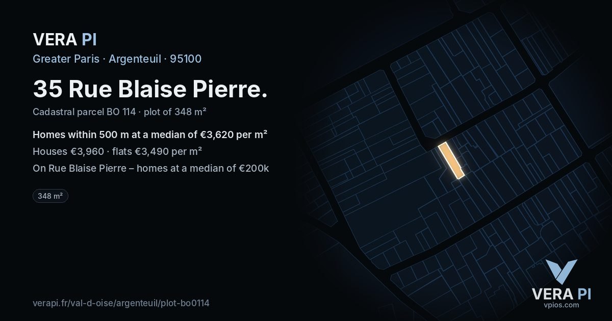 35 Rue Blaise Pierre, Argenteuil at night – the plot lit, the parcels around coloured by the prices near them