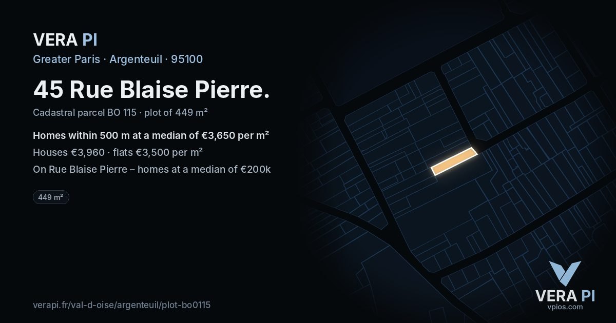 45 Rue Blaise Pierre, Argenteuil at night – the plot lit, the parcels around coloured by the prices near them