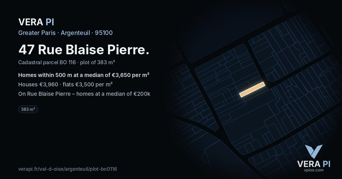 47 Rue Blaise Pierre, Argenteuil at night – the plot lit, the parcels around coloured by the prices near them
