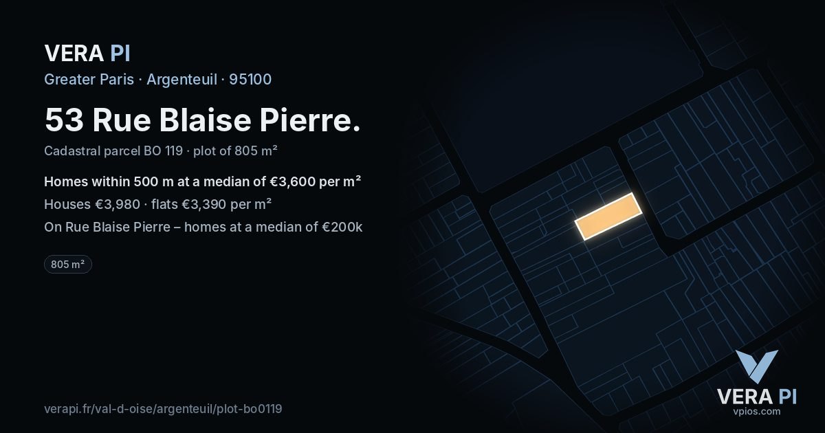 53 Rue Blaise Pierre, Argenteuil at night – the plot lit, the parcels around coloured by the prices near them