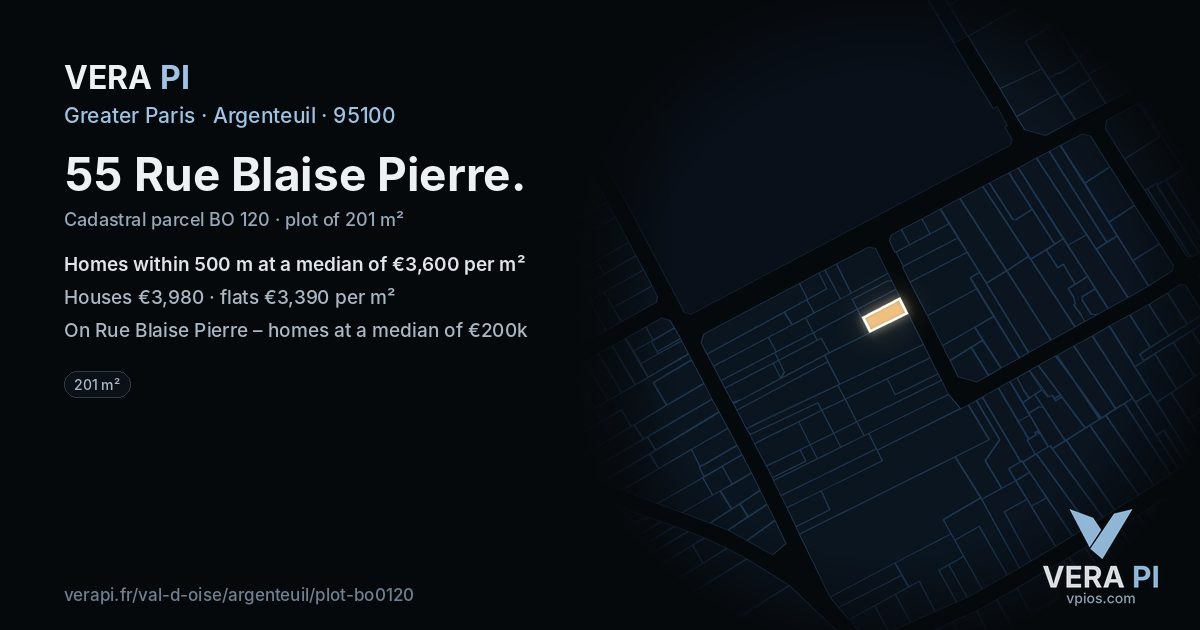 55 Rue Blaise Pierre, Argenteuil at night – the plot lit, the parcels around coloured by the prices near them