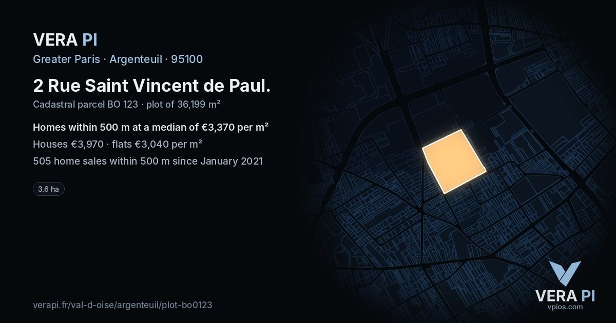 2 Rue Saint Vincent de Paul, Argenteuil at night – the plot lit, the parcels around coloured by the prices near them