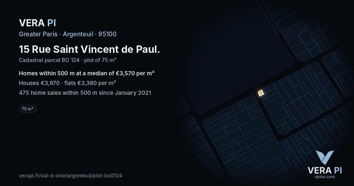 15 Rue Saint Vincent de Paul, Argenteuil at night – the plot lit, the parcels around coloured by the prices near them