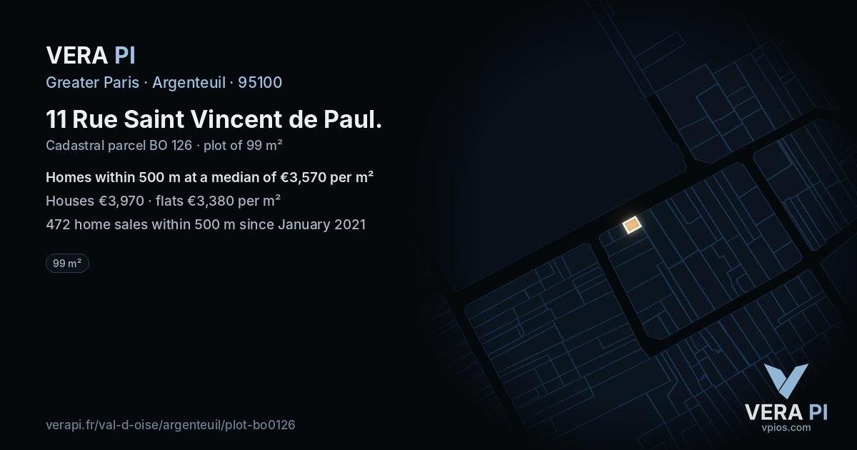 11 Rue Saint Vincent de Paul, Argenteuil at night – the plot lit, the parcels around coloured by the prices near them