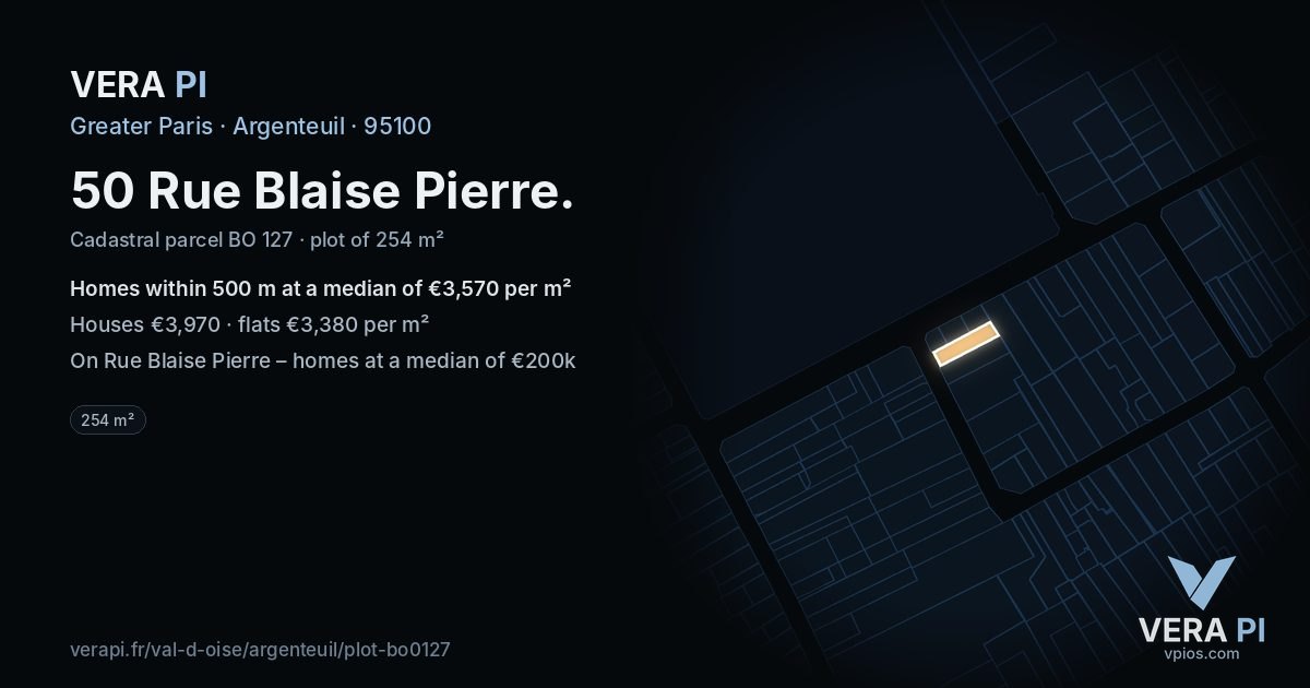 50 Rue Blaise Pierre, Argenteuil at night – the plot lit, the parcels around coloured by the prices near them