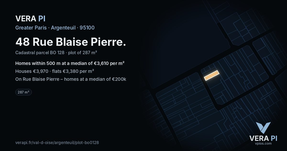 48 Rue Blaise Pierre, Argenteuil at night – the plot lit, the parcels around coloured by the prices near them