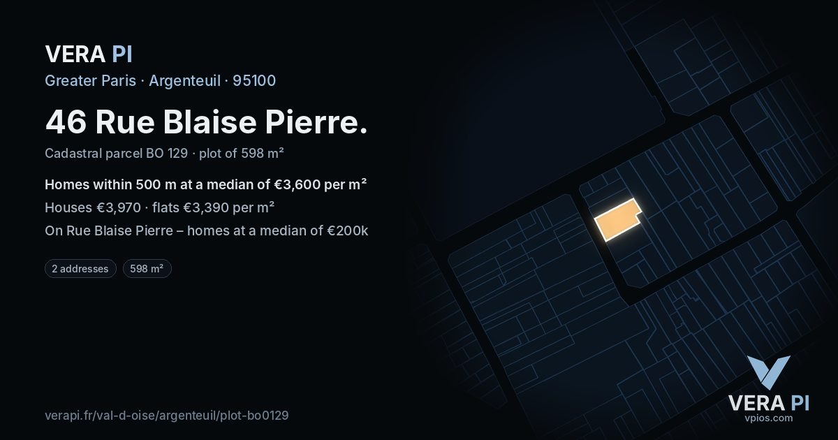 46 Rue Blaise Pierre, Argenteuil at night – the plot lit, the parcels around coloured by the prices near them