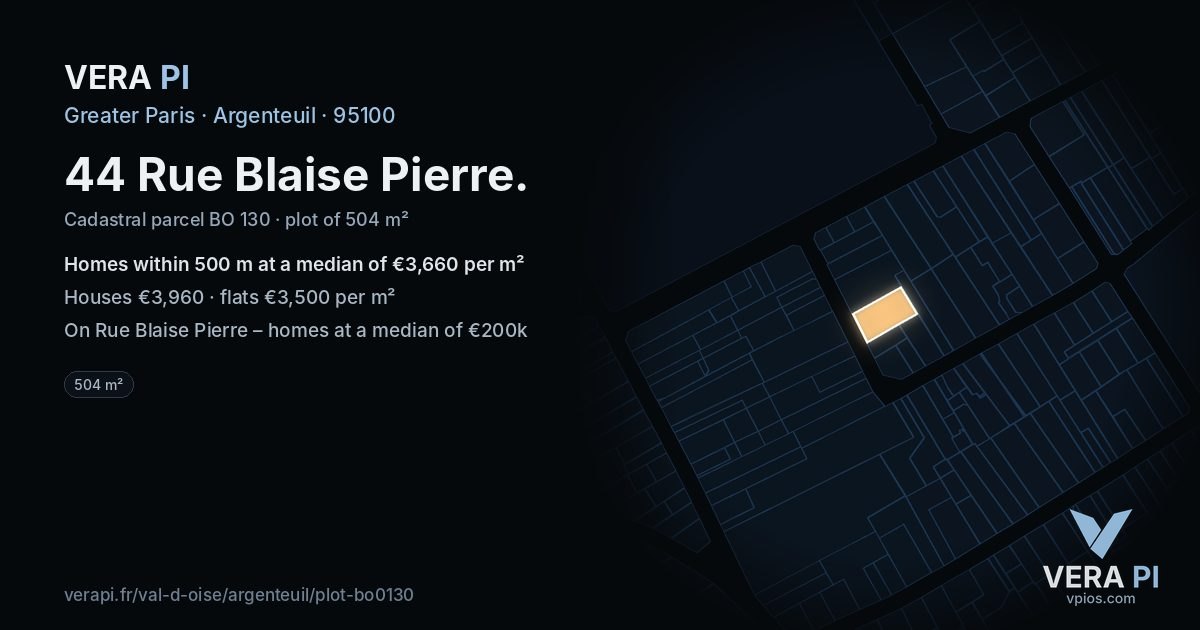 44 Rue Blaise Pierre, Argenteuil at night – the plot lit, the parcels around coloured by the prices near them