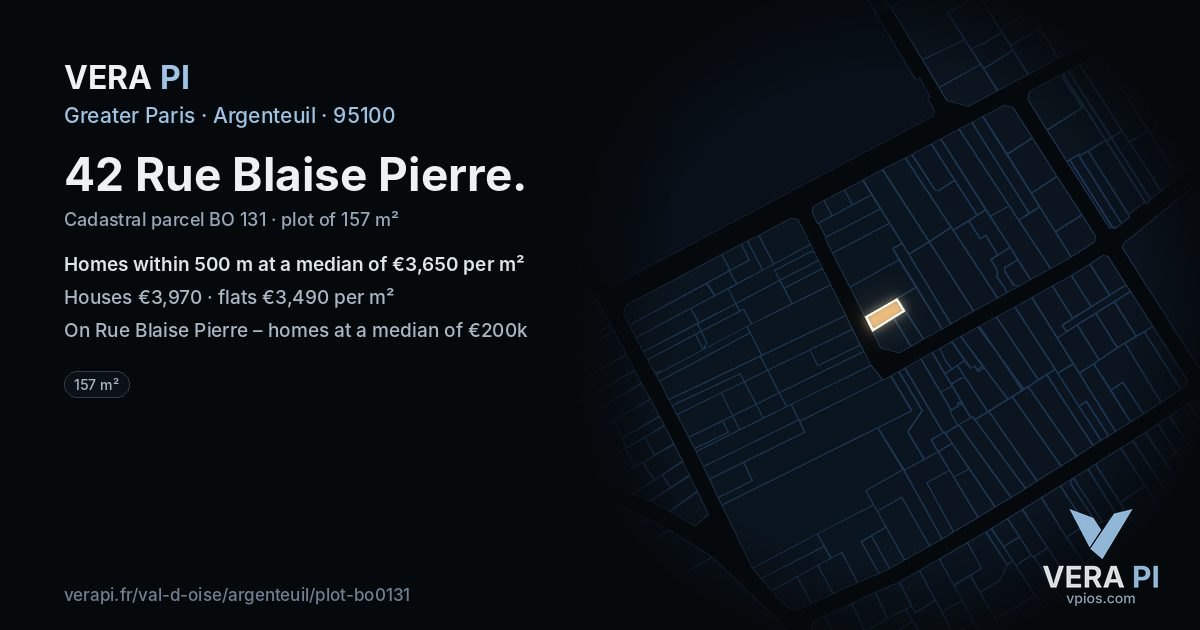 42 Rue Blaise Pierre, Argenteuil at night – the plot lit, the parcels around coloured by the prices near them