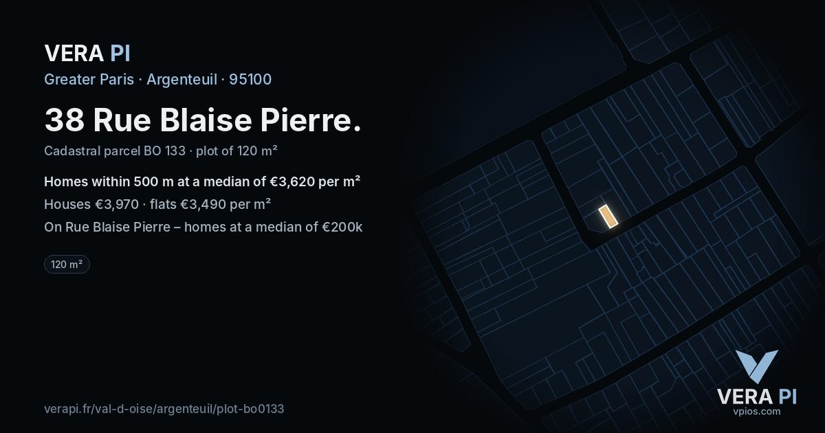 38 Rue Blaise Pierre, Argenteuil at night – the plot lit, the parcels around coloured by the prices near them