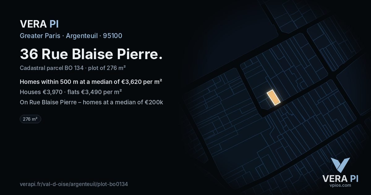 36 Rue Blaise Pierre, Argenteuil at night – the plot lit, the parcels around coloured by the prices near them