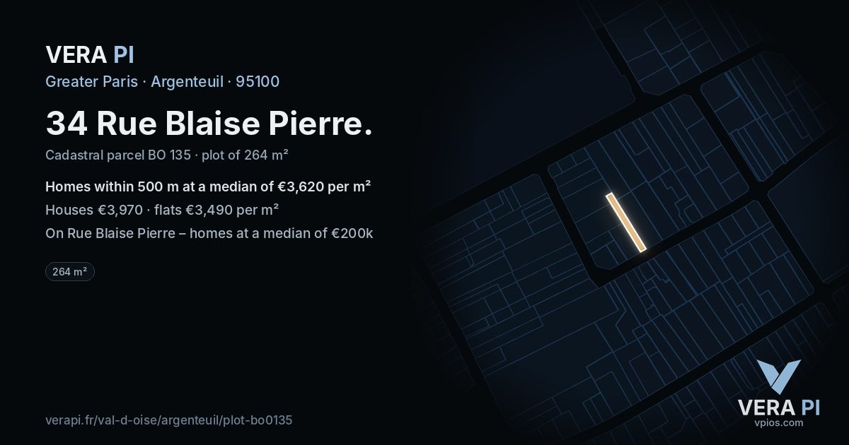 34 Rue Blaise Pierre, Argenteuil at night – the plot lit, the parcels around coloured by the prices near them
