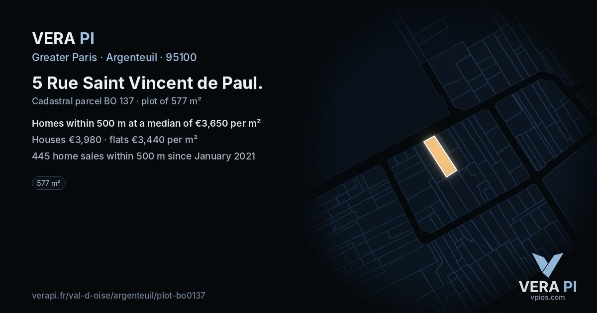 5 Rue Saint Vincent de Paul, Argenteuil at night – the plot lit, the parcels around coloured by the prices near them