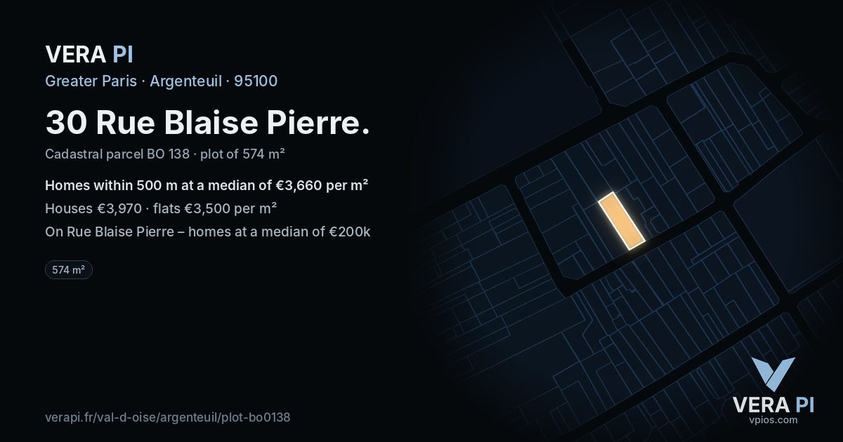 30 Rue Blaise Pierre, Argenteuil at night – the plot lit, the parcels around coloured by the prices near them