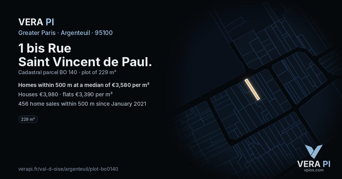 1 bis Rue Saint Vincent de Paul, Argenteuil at night – the plot lit, the parcels around coloured by the prices near them