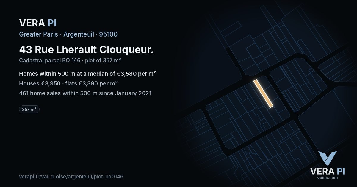 43 Rue Lherault Clouqueur, Argenteuil at night – the plot lit, the parcels around coloured by the prices near them