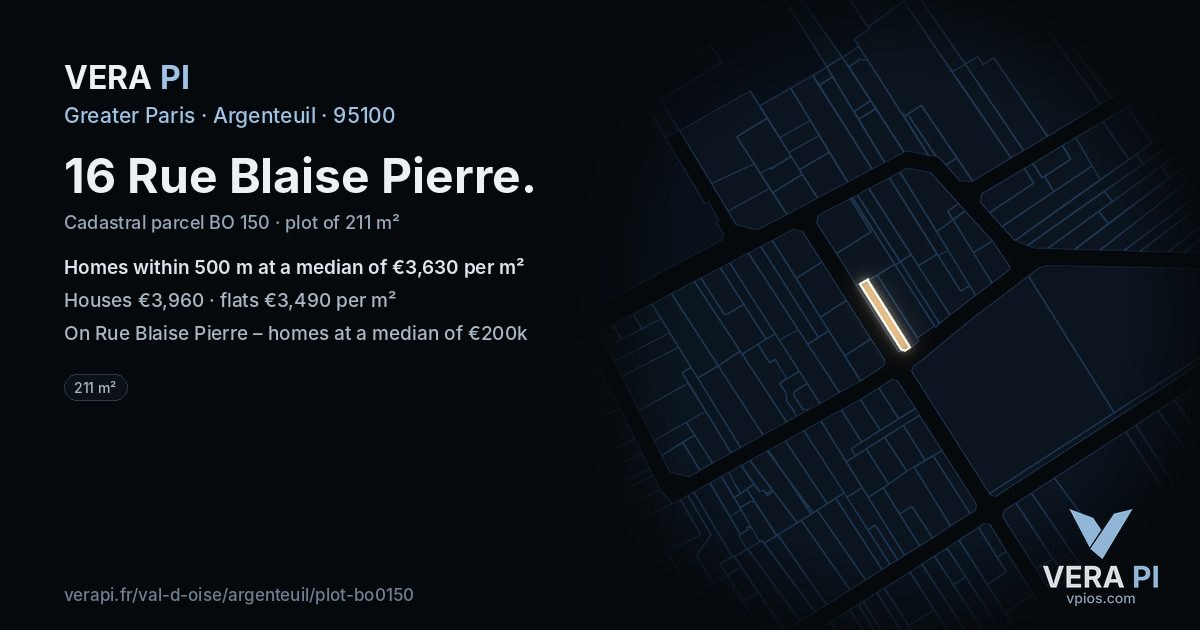 16 Rue Blaise Pierre, Argenteuil at night – the plot lit, the parcels around coloured by the prices near them